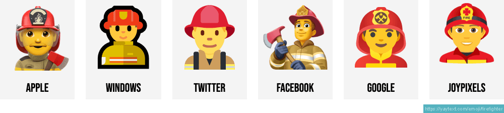 🧑‍🚒 Firefighter emojis 🧑🏻‍🚒🧑🏼‍🚒🧑🏽‍🚒🧑🏾‍🚒🧑🏿‍🚒👨‍🚒👩‍🚒